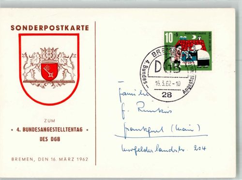 W2800 Bremen 4. Bundesangestelltentag des DGB Gewerkschaft 1962 Sonderstempel