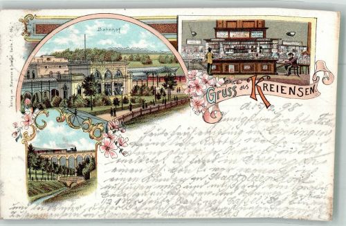 37547 W3350 Kreiensen 1898 Lithographie Bahnhof Eisenbahnviadukt Bahnhofsgasthaus Berg Speisesaal Bahnpost Hannoer