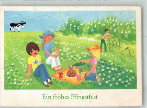 sign. Salomo Kinder bei einem Picknick im Grünen Pfingsten Künstlerkarte