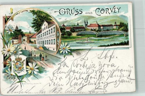 37671 W3470 Höxter 1897 Lithographie Corvey Gasthaus Lorenzi Wappen Weserbrücke