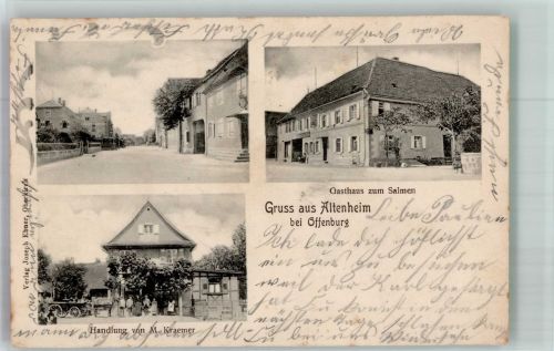 77743 W7607 Altenheim , Baden 1907 - Dorfstrasse Gasthaus zum Salmen Handlung Kraemer Bahnpost Altenheim- Offenburg Zug 75