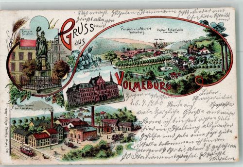 W5800 Hagen , Westf Volmeburg Adler-Brauerei Kriegerdenkmal Gewerbeschule Brauerei 1900 Lithographie