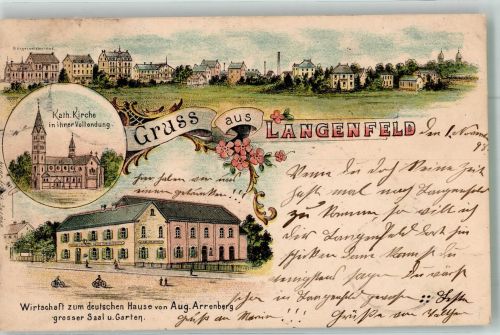 40764 W4018 Langenfeld Rheinland 1898 Lithographie Kath. Kirche Gasthaus zum deuten Hause