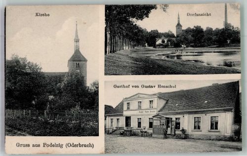 15326 O1211 Podelzig 1918 - Kirche Dorfsee Gasthaus Henschel