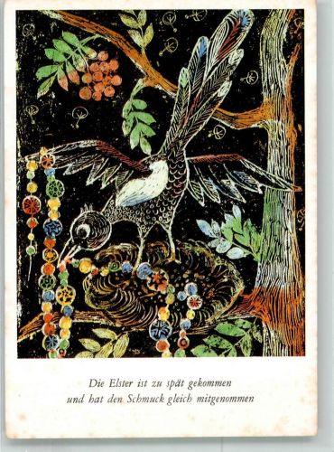 Illustration zum sorbischen Volkslied Die Vogelhochzeit Eine Schmuck stehlende Elster VEB Bild und Heimat Vogel Künstlerkarte