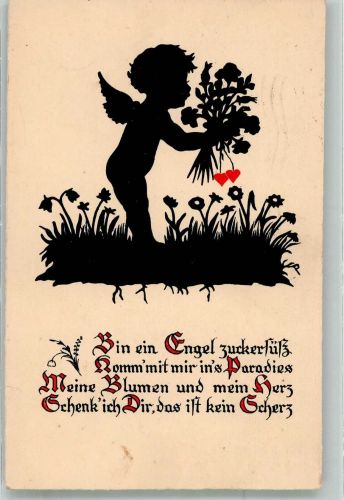 Kleiner Engel mit Herzen auf Blumenwiese Scherenschnitt 1934 Künstlerkarte