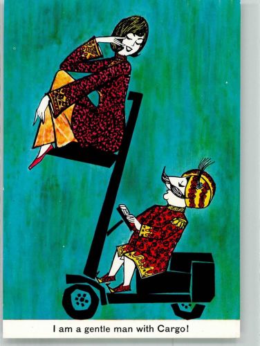 Inder im traditionellen Gewand transportiert Frau auf Gabelstapler Humor Werbung Ari India Motiv Indien Künstlerkarte