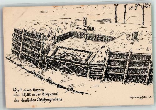 Sign. Schellmann Grab eines Russen v. I.R. 105 in d. Rückwand Schützengraben WK I Künstlerkarte