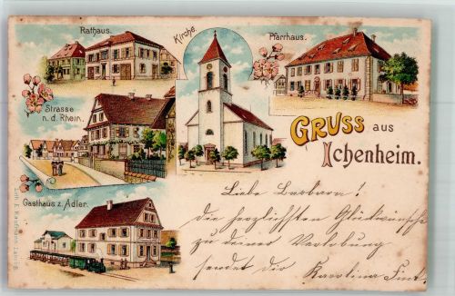 77743 W7607 Ichenheim 1898 Lithographie Rarthaus Pfarrhaus Dorfkirche Gasthaus zum Adler