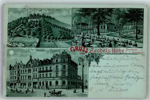 01705 O8210 Deuben Lithographie Gasthaus Etablissement Zechel's Höhe Gartenwirtschaft Konzerthaus Wettinburg Mondschein