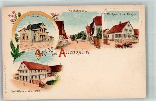 77743 W7607 Altenheim , Baden Lithographie Bahnhof Kirchstrasse Gasthaus zu den drei Königen Gasthaus Stähle