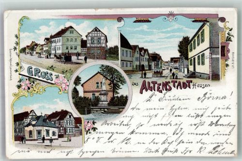 63674 W6472 Altenstadt , Hess 1902 Lithographie Dorfstrasse Denkmal Kolonialwaren-Geschäft
