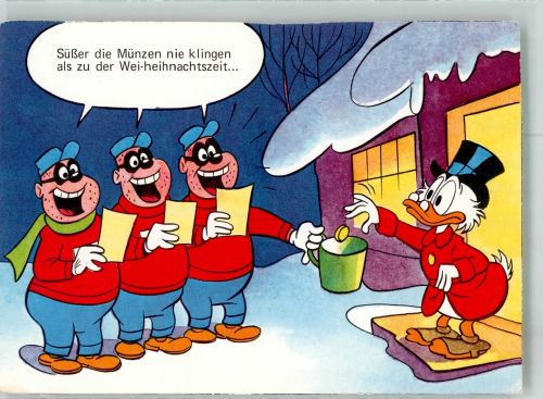 Weihnachten Neujahr Dagobert Duck mit Münze für die Panzerknacker Walt Disney Künstlerkarte