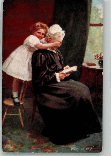 Enkelin hält Großmutter die Augen zu Oilette Nr. 9542 Tucks 1921 Künstlerkarte