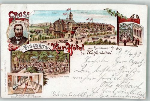 38300 W3340 Wolfenbüttel , Niedersachs 1898 Lithographie Fischer's Kurhotel Gartenpark Sanatorium Asthma-Raum Portrait Gründer & Besitzer O. Fischer