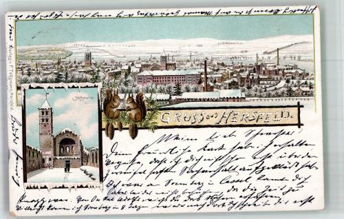 36251 W6430 Bad Hersfeld 1898 Winterlithographie Stiftsruine Eichhörnchen Tannenzapfen