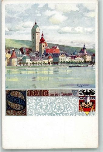 Stein an der Donau sign. Assmann Panorama des Ortes mit Frauenbergkirche Verlag des Vereines Südmark Nr. 193 Schulvereinähnliche Künstlerkarte