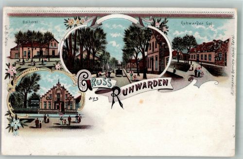 26969 W2890 Ruhwarden 1900 Lithographie Molkerei Ruhwarder Hof Dorfstrasse