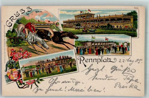 76473 W7557 Iffezheim 1905 Lithographie Galopprennplatz Iffezheim Tribühne Totalisator Vollblütter