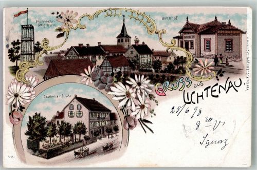 77839 W7585 Lichtenau , Baden 1898 Lithographie Feuerwehr-Steigturm Bahnhof Gasthaus zur Linde