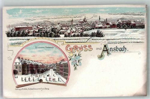 91522 W8800 Ansbach , Mittelfr Winterlithographie Steinerne Promenade
