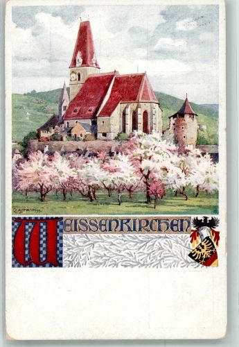 Weißenkirchen in der Wachau sign. Assmann Pfarrkirche Mariä Himmelfahrt Verlag des Vereines Südmark Nr. 194 Schulvereinähnliche Künstlerkarte