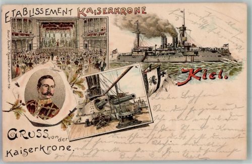 24103 W2300 Kiel , Ostsee 1899 Lithographie Gasthaus Etablissement Kaiserkrone Festsaal Kaiser Wilhelm II. Kriegsschiff Bordkanone