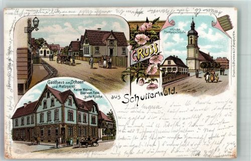 77746 W7601 Schutterwald 1899 Lithographie Dorfstrasse Gasthaus zum Ochsen Kirche Pfarrhaus Schule