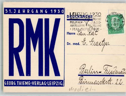 O7000 Leipzig Reichs-Medizinal Kalender 1930 Georg Thieme Verlag Maschinenstempel Medizin