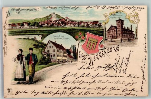 71083 W7033 Herrenberg im Gäu 1899 Lithographie Trachtenpaar Gasthaus zum goldenen Ochsen Wappen Turnhalle Verlag Ottmar Zieher-München
