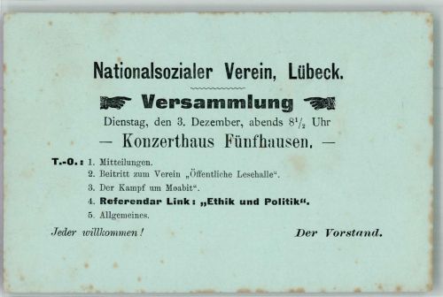 W2400 Lübeck Nationalsozialer Verein Versammlung im Konzerthaus Fünfhausen Politik 1901