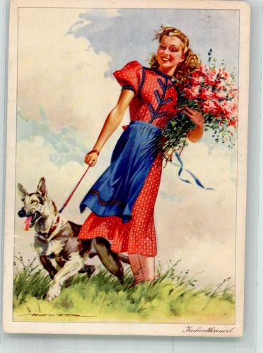 Junge Frau im farbenprächtigen Kleid mit Schäferhund Indanthren 1941 Künstlerkarte