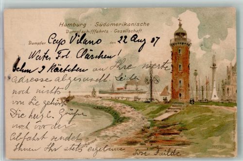 W2190 Cuxhaven Dampfer Cap Vilano Leuchtturm Dampfer 1907 Lithographie / Künstlerkarte