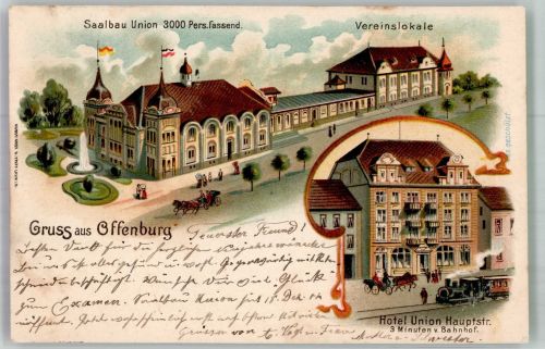 77652 W7600 Offenburg 1905 Lithographie Saalbau Union Vereinslokale Hotel Union