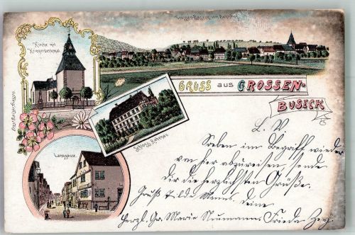 35418 W6305 Großen-Buseck 1901 Lithographie Schloss Rabenau Langgasse Kuirche Kriegerdenkmal Bahnpost Giessen-Fulda Zug 528