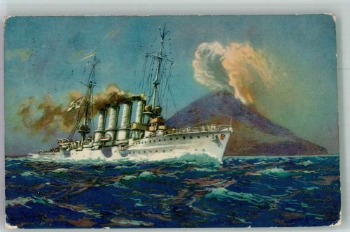 S.M. Kreuzer Breslau beim Vulkan Stromboli sign. Bohrdt Marine WK I 1914 Künstlerkarte
