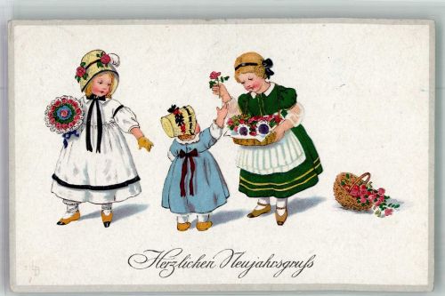 Neujahr Kinder mit Blumen Meissner u. Buch 2398 Döring, L. / LD 1928 Künstlerkarte