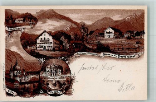 82488 W8107 Ettal 1898 Lithographie Graswangthal Ettal Linderhof Dickelschwaig Gasthaus Fischer