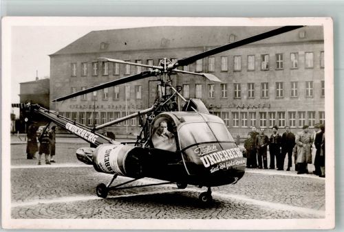 Werbung, die fliegende Underberg-Flasche Hubschrauber Pilot Sepp Bauer Hubschrauber Foto AK