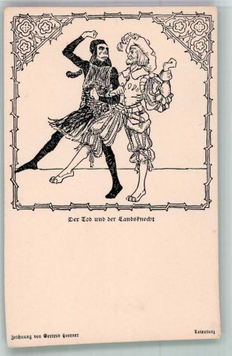 Märchenspiele Nr. 16 Totentanz sign. Gertrud Hoerner , der Tod und der Landsknecht Tod Künstlerkarte