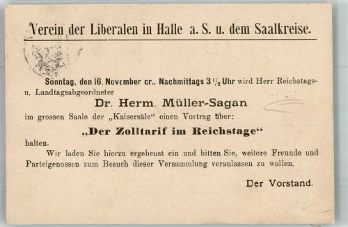 O4002 Halle Saale Verein der Liberalen Einladung zum Vortrag : Der Zolltarif im Reichstage Politik