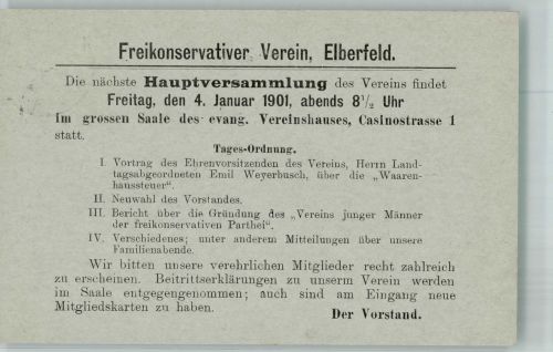 W5600 Elberfeld Bekanntmachung Hauptversammlung Freikonservativer Verein Politik 1901