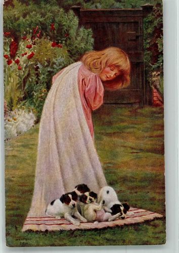 sign. Gore Mädchen mit spielenden kleinen Hunden Hanfstaengl's Künstlerkarte Nr. 33 Welpe Künstlerkarte