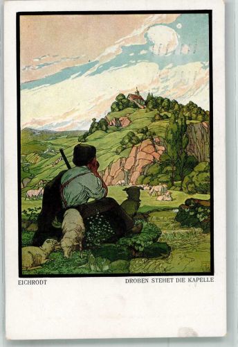 sign. Eichrodt Schafhirte schaut zur Kapelle hoch Teubner 1917 Künstlerkarte