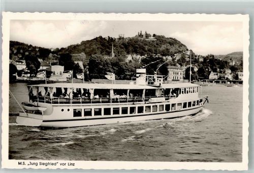 Linz M.S. Jung Siegfried, Weber Donauschiffe + Bordstempel Binnenschiff 1953 Foto AK