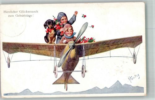 sign. Feiertag, Karl Geburtstag Kinder + Dackel im Flugzeug BKW I 313-5 Glückwunsch Flugzeug 1919 Künstlerkarte