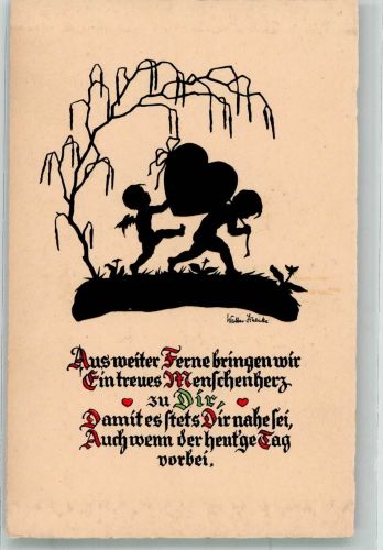 sign. Schenke, Walter Elfen transportieren ein Herz Meissner u. Buch Nr. 3369 Scherenschnitt Künstlerkarte