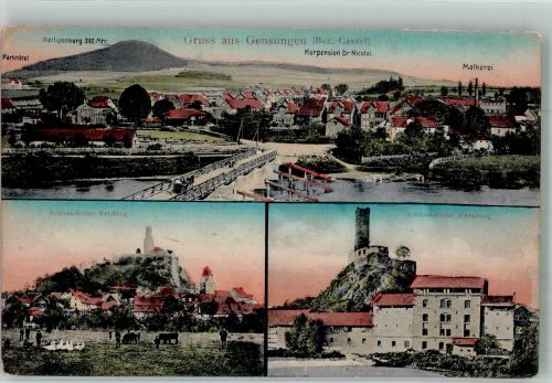 34587 W3582 Gensungen , Hess - Panorama des Ortes mit Molkerei Burgruine Felsburg und Schlossruine Altenburg