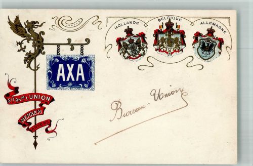 AXA Werbung Wappen v. Holland, Belgien und Allemagne Versicherung 1901 Lithographie