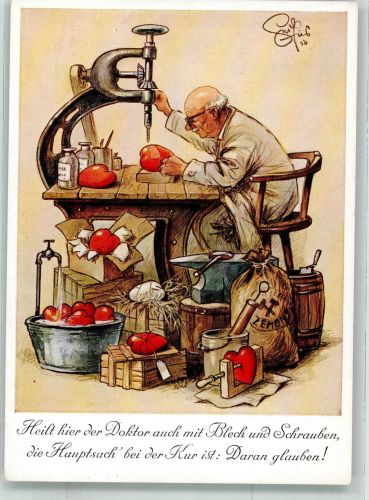 Doktor heilt Herz mit Bohrmaschine und allerlei Werkzeug Kur Humor Verlag Emil Köhn 2202 Geilfus, H. Künstlerkarte